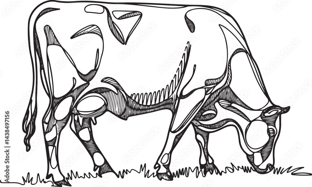Obraz premium Minimalist vector illustration of a cow grazing peacefully in a fenced pasture drawn in a continuous black line style on a white background perfect for farm and countryside themes