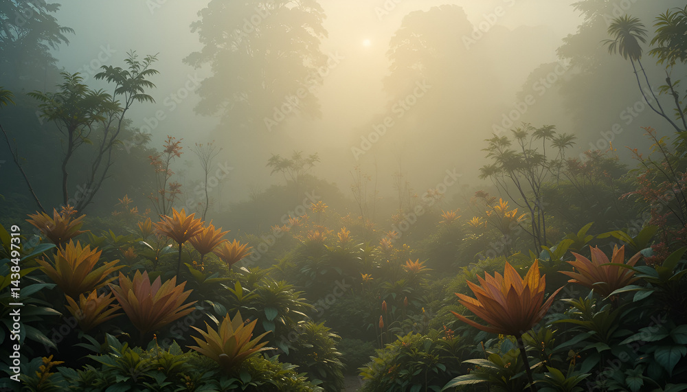 Obraz premium Foggy Botanical Garden with Glowing Plants and Misty Light Rays