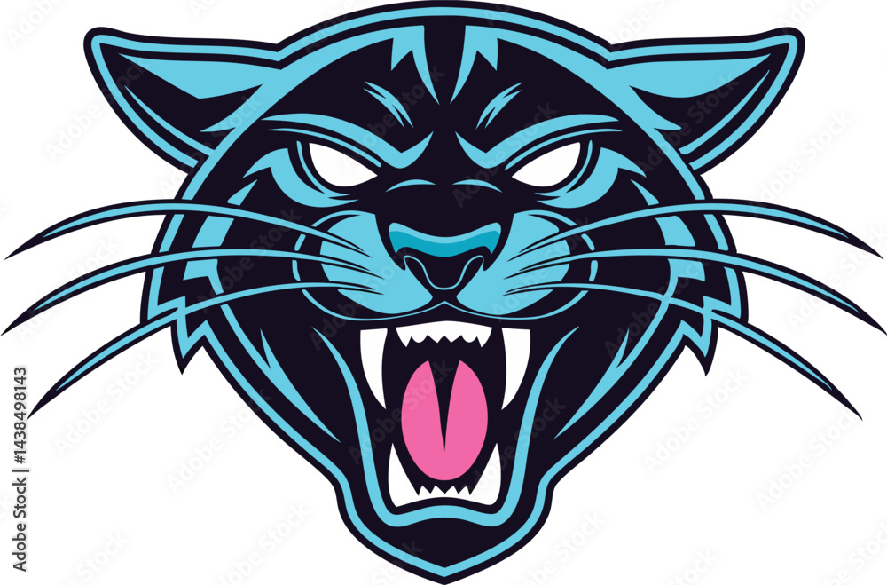 Fierce Panther Head Mascot Logo with Vibrant Blue Fur Glowing Eyes and Intense Expression in Vector Art Style Fierce Panther Head Mascot Logo with Vibrant Blue Fur Glowing Eyes and Intense Expression in Vector Art Style