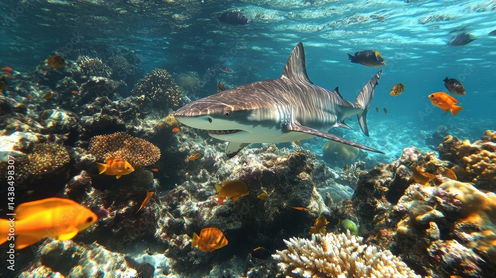 Fototapeta premium A shark swimming near a coral reef surrounded by colorful fish