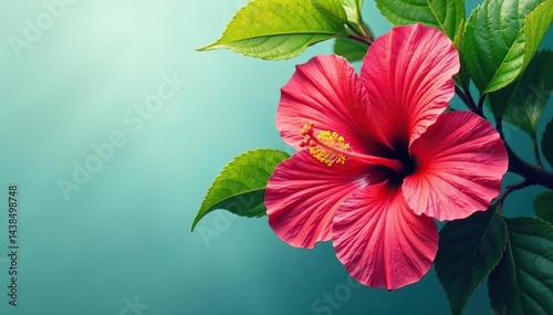 Bold tropical hibiscus, lush leaves, vibrant color splash, wallpaper pattern, floral pattern