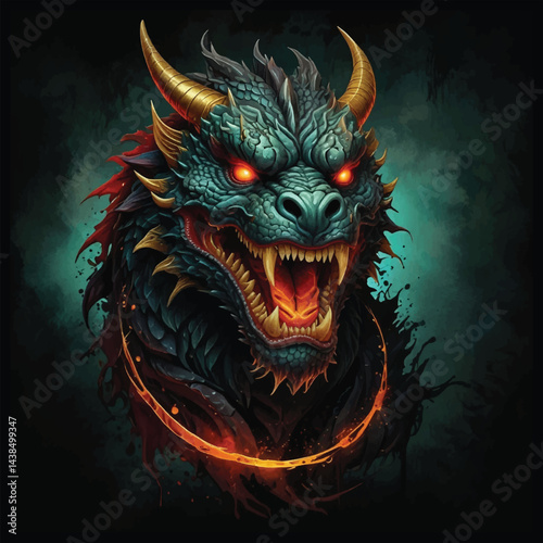 Molten Majesty: A Legendary Crimson Dragon Coiled in Lightning, Torn Metal Scales, Blazing Golden Eyes and Vivid Watercolor Fury on Black Canvas, Dragon T-shirt Vector Design.