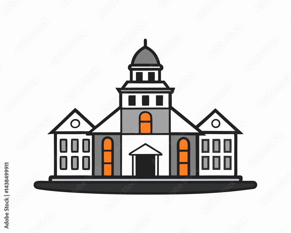Black and White Building Line Art Illustration on White Background Black and White Building Line Art Illustration on White Background