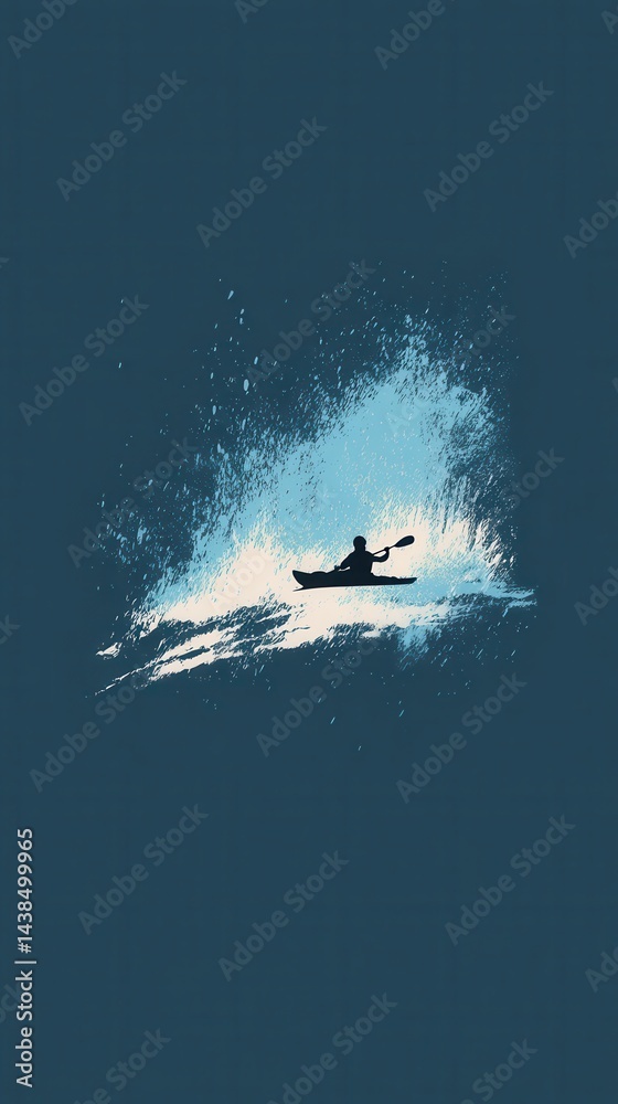 Obraz premium Vector Silhouette of Person Kayaking Through Rapids on Bold Background