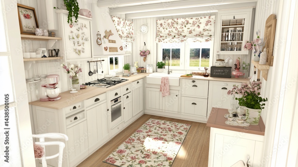 Fototapeta premium Charming cottage kitchen, white cabinets, floral accents, wooden floors
