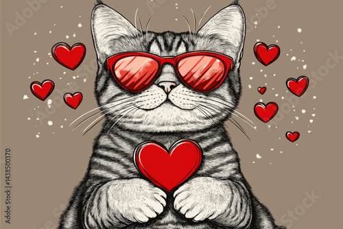 Black and white sketch of a sitting cat in red glasses, surrounded by red hearts.