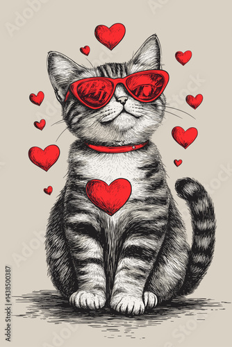 Black and white sketch of a sitting cat in red glasses, surrounded by red hearts.