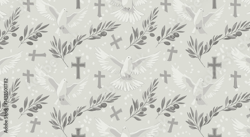 Religious pattern with doves, olive branches, and crosses  