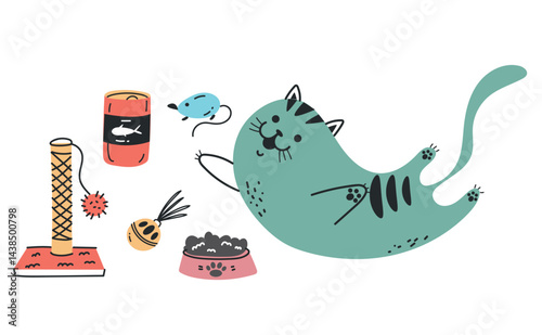 Cat with pet cats tools stuff isolated set. Flat line art illustration