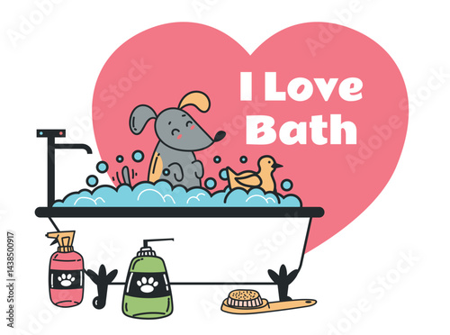 Cat dog pets taking bath. I Love bath grooming concept. Graphic design illustration
