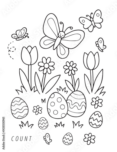 Easter egg hunt meadow with decorated eggs flowers and butterflies printable coloring page for kids 