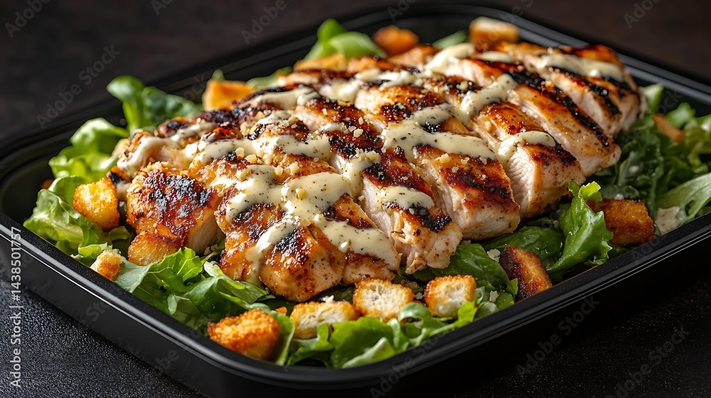 **Grilled Chicken Caesar Salad With Crunchy Romaine Lettuce, Croutons, And Parmesan Flakes, Drizzled With Creamy Caesar Dressing, Styled For Healthy Food Café Or Salad Delivery Menu --Ar 16:9 --S 270* **Grilled Chicken Caesar Salad With Crunchy Romaine Lettuce, Croutons, And Parmesan Flakes, Drizzled With Creamy Caesar Dressing, Styled For Healthy Food Café Or Salad Delivery Menu --Ar 16:9 --S 270*