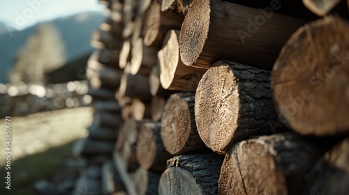 Stacked timber logs, rustic wooden logs in natural setting, showcasing nature's beauty and sustainable resources.