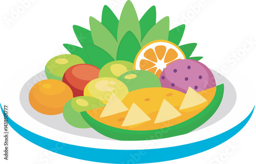A vibrant vector art illustration featuring a colorful Pineapple Passion Platter fruit salad, bursting with fresh tropical fruits and artistic detail.