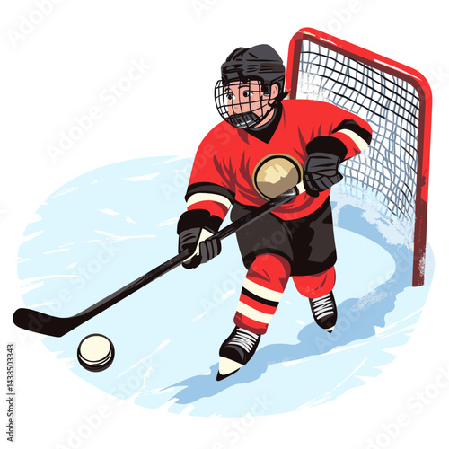 A young hockey player in red gear guards the goal with a stick on icy ground.