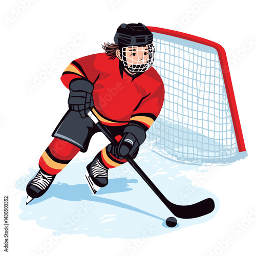 A young hockey player in red gear guards the goal with a stick on icy ground.