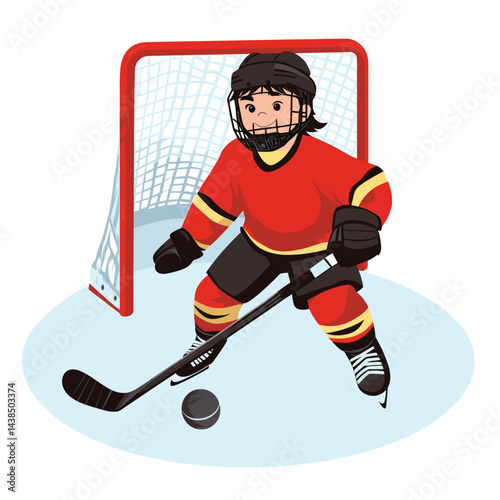 A young hockey player in red gear guards the goal with a stick on icy ground.