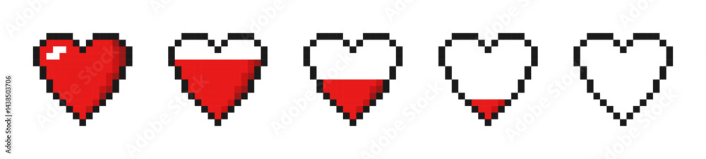 Obraz premium Set of pixel game red hearts icons. Health scale. Heart vector symbol. A collection of signs for the game, a progress bar, a health indicator, a life indicator. Isolated on a white background.