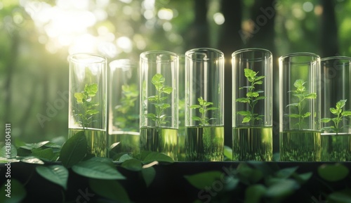 Growing plants in test tubes in a forest setting