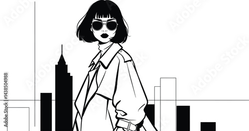 Stylish Woman in Trench Coat, City Walk, Black and White Vector
