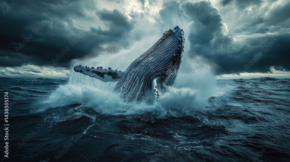 Fototapeta premium A humpback whale breaching the ocean is surface in a dramatic splash