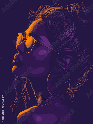 Woman with purple hair and glasses is the main subject of the image