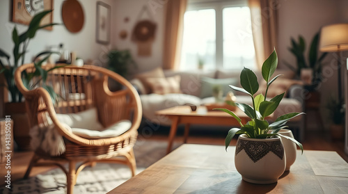 Bright boho-style living room with large windows, rattan armchair, natural wood coffee table, surrounded by indoor plants like monstera, fiddle leaf fig, cozy and earthy vibe, rustic wooden floor.