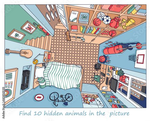 Find 10  hidden objects in the picture. Interior of teenager’s room from above with furniture and home objects. Cozy children room. Linear sketch vector illustration