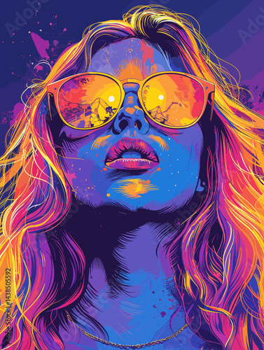 Woman with long hair and sunglasses is the main subject of the image