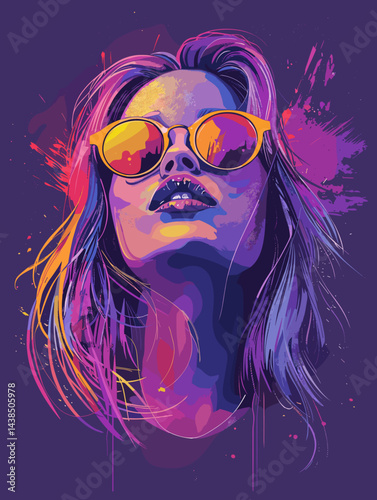 Woman with purple hair and sunglasses is the main subject of the image