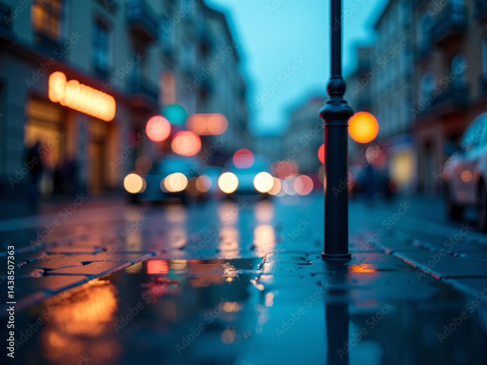 Obraz premium Rue pavée sous la pluie au crépuscule avec lumières urbaines floues