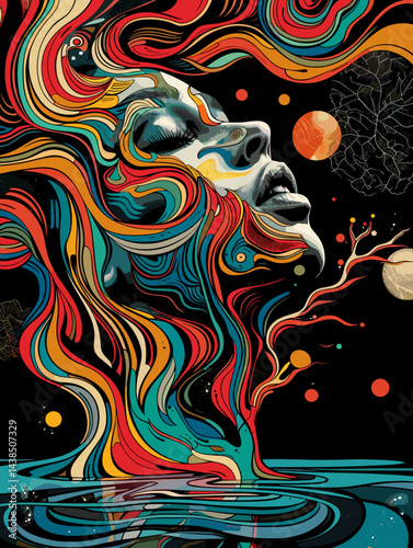 Colorful painting of a woman with a tree in her mouth