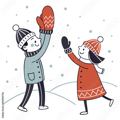 Vector Illustration of Two Children Playing in the Snow with Mittens and Hats