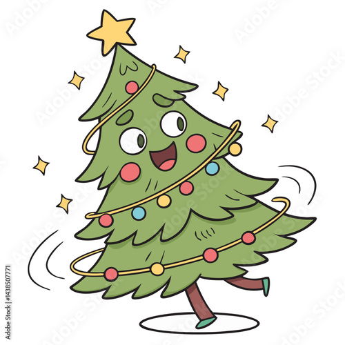Vector Illustration of a Dancing Christmas Tree with Stars and Lights