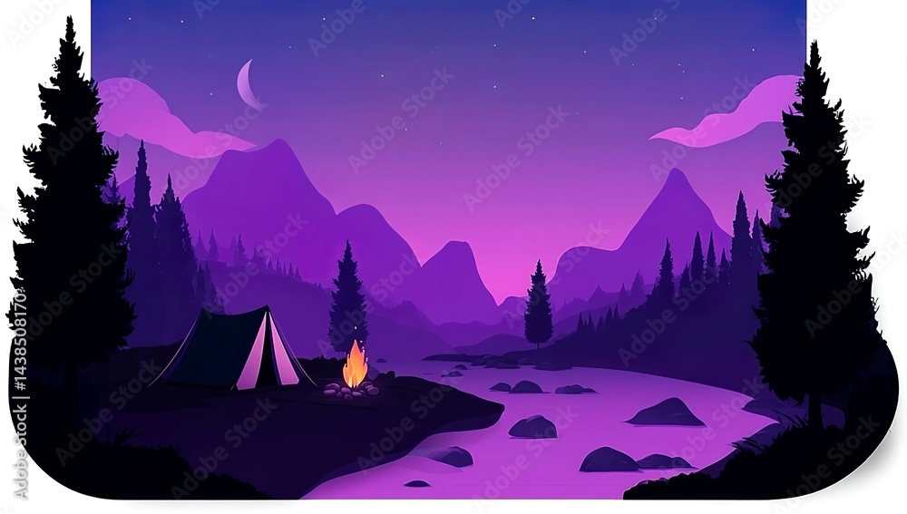Fototapeta premium A simple vector graphic of a purple night sky, mountains, and trees in the background, a campfire