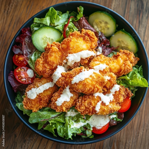 Close up of fried chicken salad with cucumbers and creamy white sauce