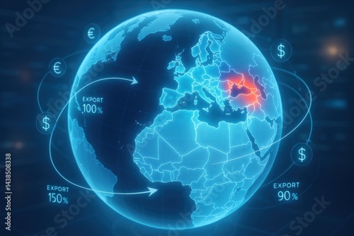 Global Trade Dynamics: An artistic rendering of the earth showcases a dynamic and futuristic view of global commerce with an emphasis on export.