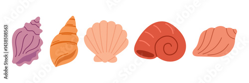 Seashell clipart set with colorful tropical shells in flat vector style for beach designs, summer decorations, vacation posters, and coastal graphic projects.
