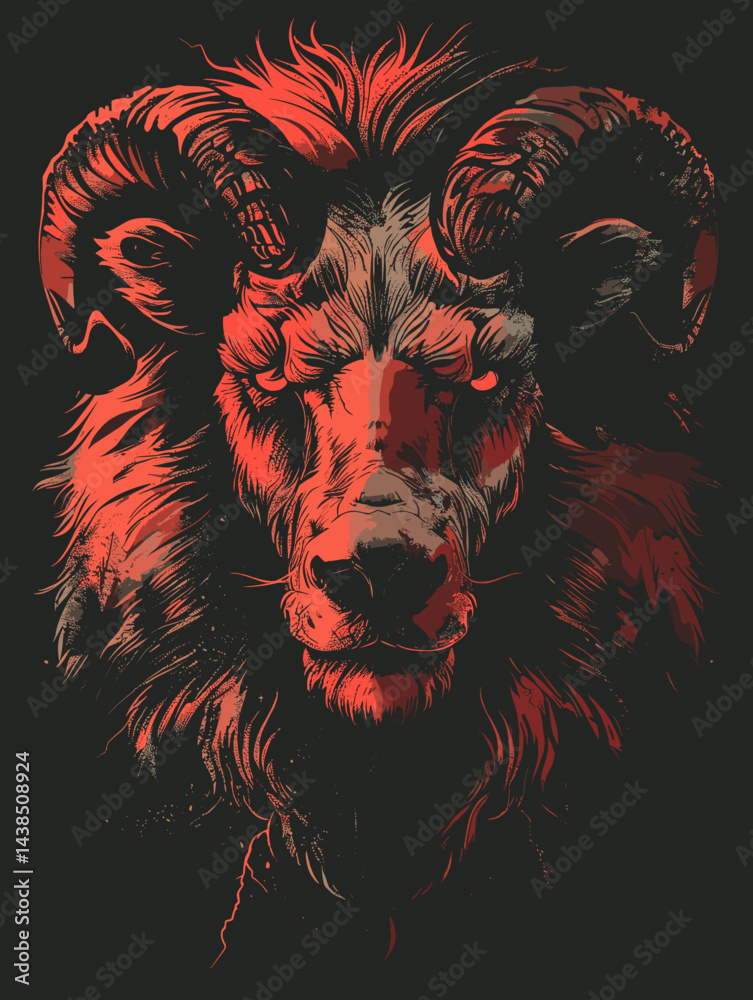 Red and black drawing of a ram with horns and a red face