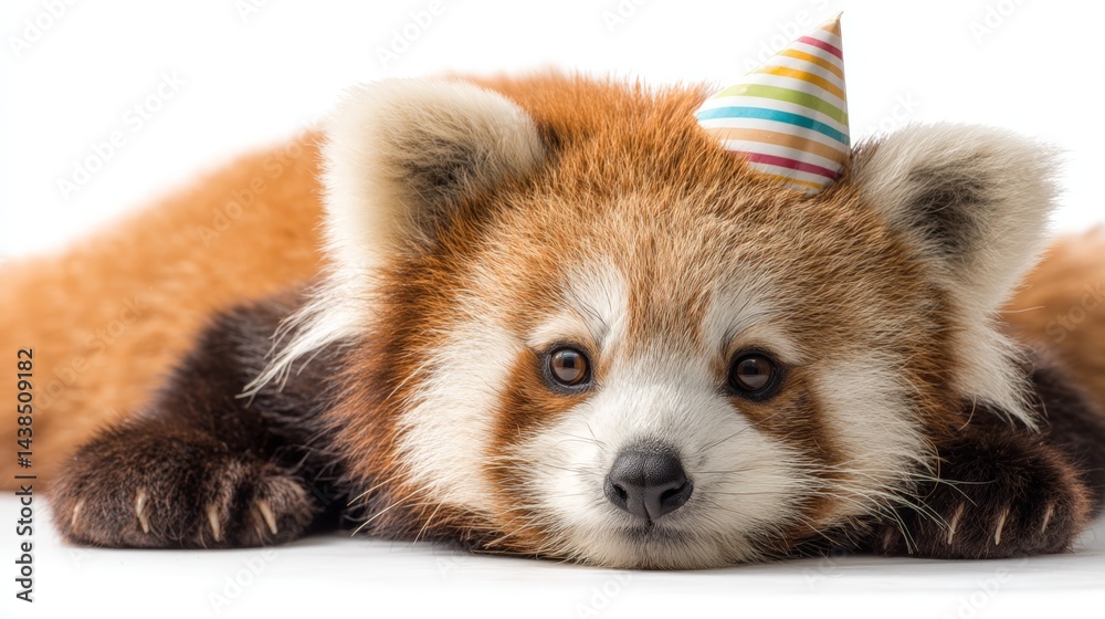Fototapeta premium Adorable red panda wearing colorful party hat celebrates festively