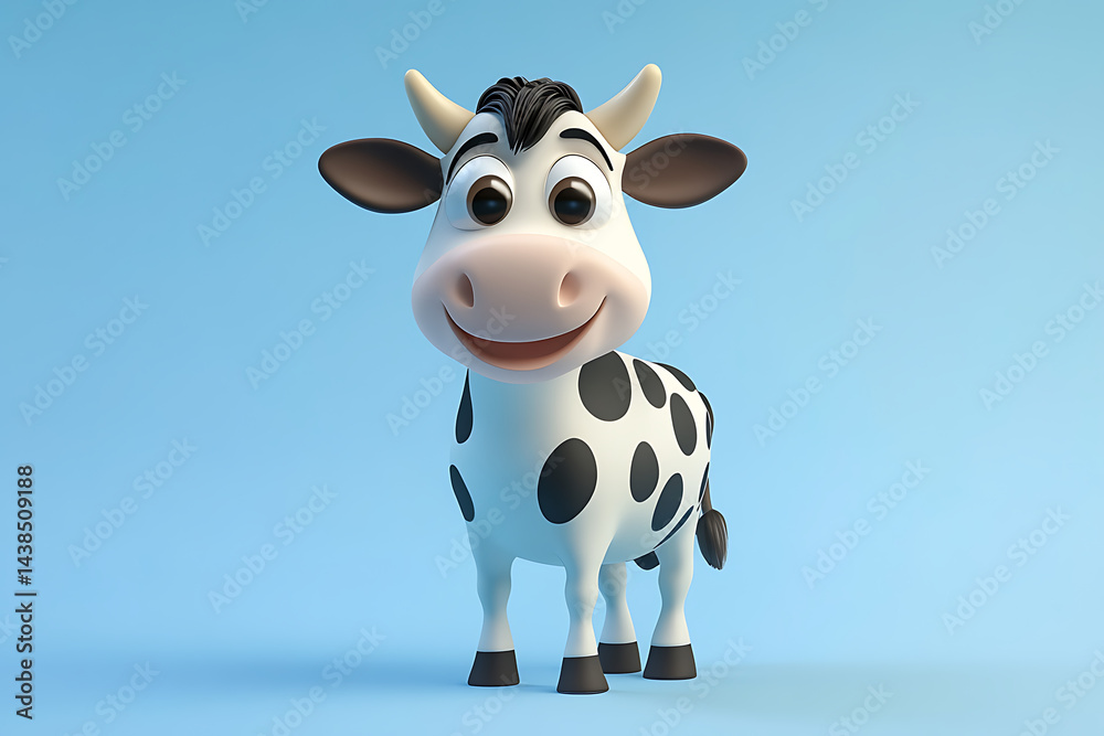 Cheerful cartoon cow with a friendly expression standing against a blue background Cheerful cartoon cow with a friendly expression standing against a blue background