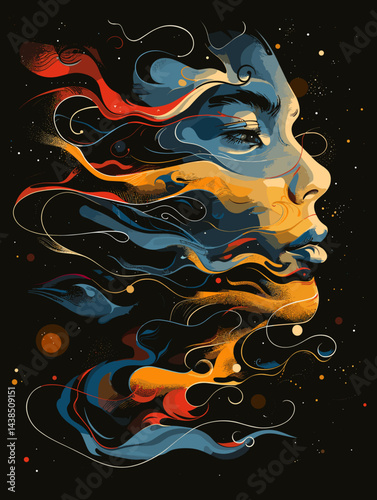 Woman's face is shown in a painting with a lot of colors and smoke