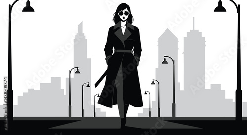 Stylish Woman in Trench Coat, City Walk, Vector Graphic