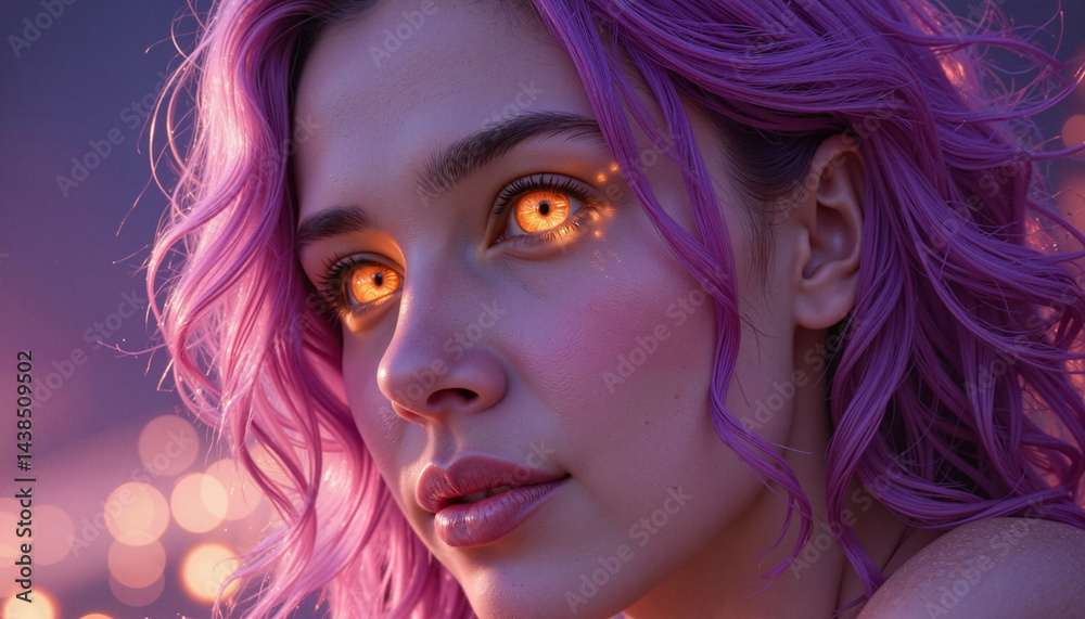 Fototapeta premium Enigmatic young woman with glowing eyes in a dreamy atmosphere 