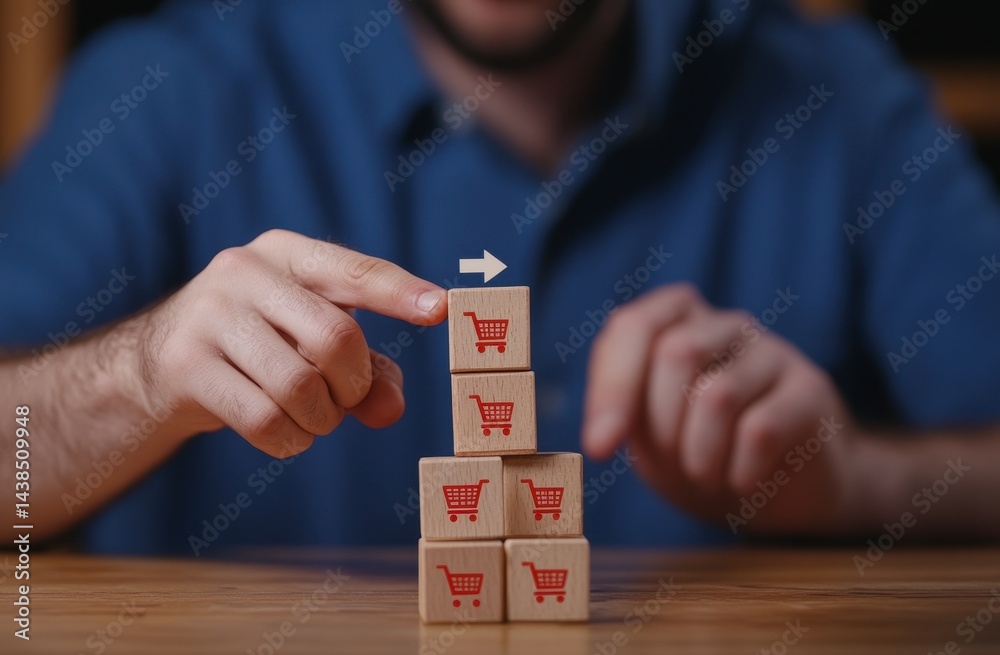 Obraz premium Building a customer base. A hand places a block with a shopping cart icon on top of a stack, symbolizing growth in online sales