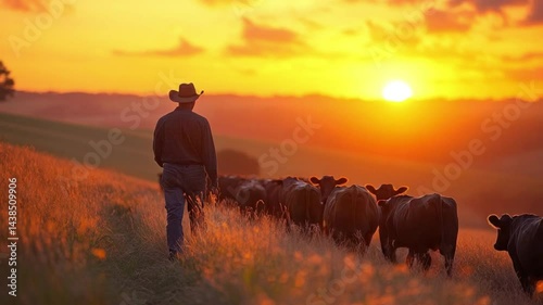 Wallpaper Mural Golden Hour Cattle Drive: A silhouette of a lone cowboy leads his herd of cattle through a sun-kissed landscape, painted in the warm hues of a glorious sunset. Torontodigital.ca