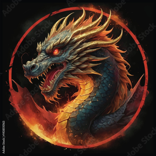 Molten Majesty: A Legendary Crimson Dragon Coiled in Lightning, Torn Metal Scales, Blazing Golden Eyes and Vivid Watercolor Fury on Black Canvas, Dragon T-shirt Vector Design.