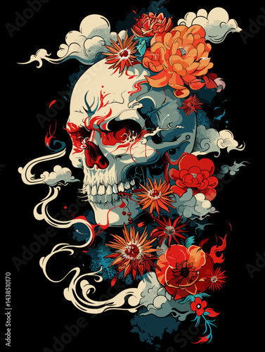 Skull with flowers and smoke coming out of it