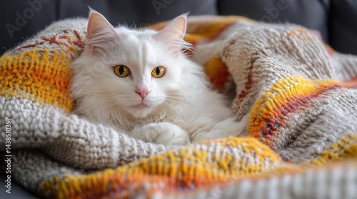 A fluffy white cat curled up peacefully in a cozy blanket