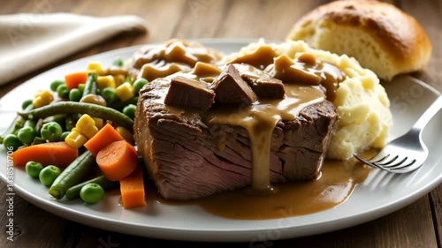 American homestyle cuisine featuring a robust pot roast covered in gravy, paired with mashed potatoes and assorted vegetables.